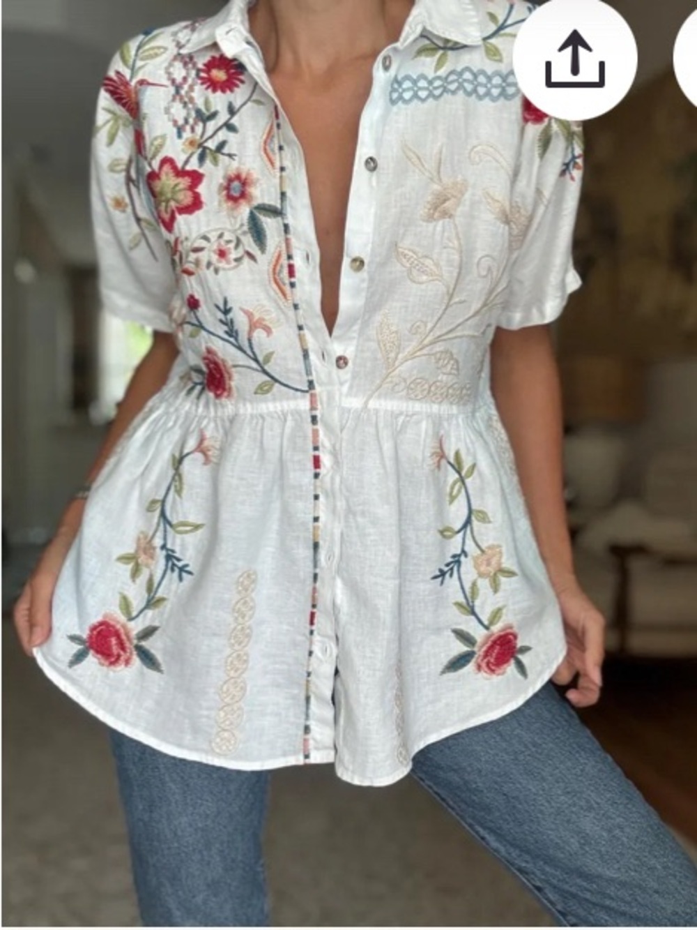 Johnny Was Floral Embroidered White Floral Button-Front Peplum Top Size S